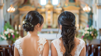 Naklejka premium Rear view of two Asian women in wedding dresses with intricate hairstyles standing in a decorated church, symbolizing an LGBT wedding.