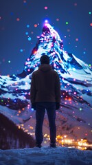 Winter wonderland with illuminated mountain and contemplative adult