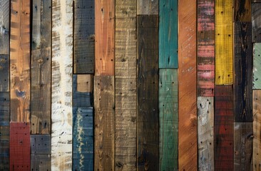 A photo of an aged wooden wall with weathered textures, featuring distressed and colorful wood planks