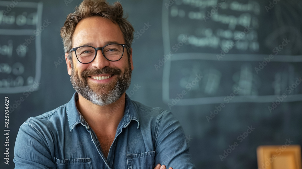 Wall mural portrait of happy man teacher in school; minimalism