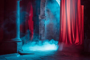 Enigmatic foggy interior with red curtains and blue lighting