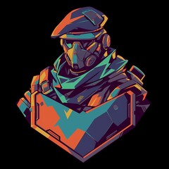 Military soldier character mascot illustration with game concept, vector logo style, e-sport gamer t-shirt design on isolated background