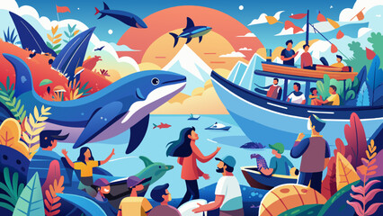 Vibrant Marine Life Ecosystem and Human Interaction Illustration. Vector illustration for World Whale and Dolphin Day