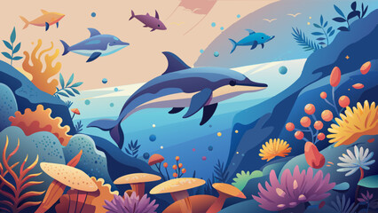 Vibrant Underwater Seascape with Colorful Coral and Playful Dolphin. Vector illustration for World Whale and Dolphin Day
