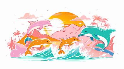 Playful Dolphins Leaping at Sunset with Tropical Backdrop. Vector illustration for World Whale and Dolphin Day
