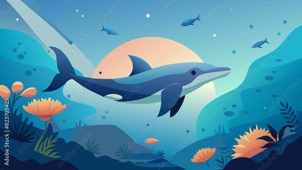 Wall mural Graceful Dolphin Leaping in a Vibrant Underwater Landscape. Vector illustration for World Whale and Dolphin Day