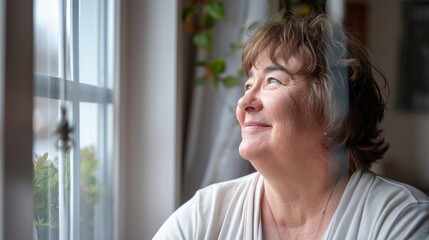 Chubby caucasian woman smiling while gazing out of window at the scenery