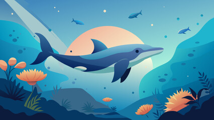 Graceful Dolphin Leaping in a Vibrant Underwater Landscape. Vector illustration for World Whale and Dolphin Day