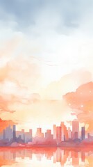 Fototapeta premium A city skyline is reflected in a body of water,watercolor illustrations ,summer season.
