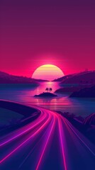 Vibrant digital artwork of a neon sunset over a futuristic highway
