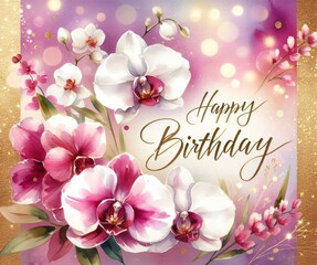 Elegant birthday card with vibrant orchids, soft golden accents, and a joyful celebration mood