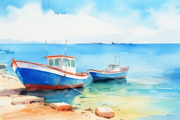 Two boats are docked on the shore of a lake,watercolor illustrations ,summer season.
