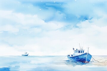 A blue boat is docked on the shore,watercolor illustrations ,summer season.