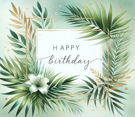 Fototapeta premium Elegant floral birthday card with leafy green plants, gold details, and a white text frame. Perfect for sending heartfelt birthday wishes.