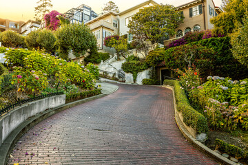 The crookedest street in the world lightened by sunset. Lombard Street. San Francisco, CA.