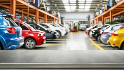 A metal blank tabletop with blurred automotive tools and parts in the background suitable for promoting automotive products