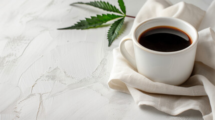 Cup of Coffee with Cannabis Leaf on White table.