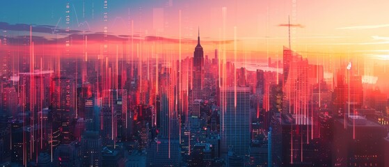 Fototapeta premium Surreal economic statistics focus on, global market, ethereal, manipulation, urban skyline