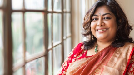 A woman in a red and gold sari smiles while looking out a window