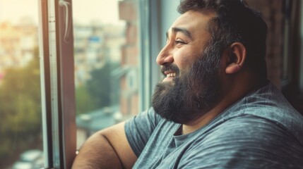 Smiling man with beard gazing out window - Powered by Adobe