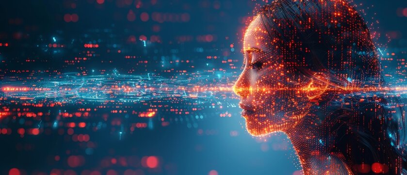 Artificial intelligence concept with circuit header profile and binary code background vector illustration. AI technology