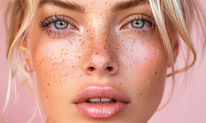 Closeup of Blonde Woman with Freckles on Pink Background Highlighting Natural Beauty and Self-Acceptance, Perfect for Ads, Fashion, and Lifestyle