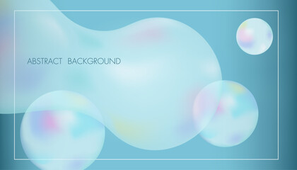 Background with abstract geometric shapes similar to soap bubbles. Background is in blue tones. Rainbow iridescent balls on gradient Blue background. Holographic vector pastel colour print.