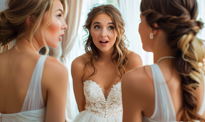 Excited Bridesmaids Admiring Bride in Wedding Dress Inside Bright Room During Daytime - Powered by Adobe