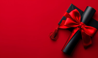 Graduation Diploma with Elegant Red Bow and Cap on Red Background - Achievement and Success Concept