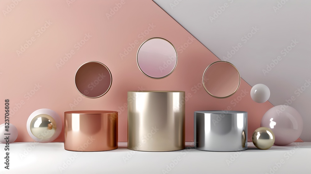 Poster modern minimalist metallic objects with geometric shapes on a soft pastel background. interior desig