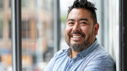 Fototapeta premium Smiling Latin man with beard in blue shirt looking out window