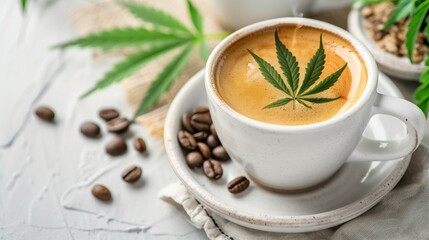 Cup of Coffee with Cannabis Leaf on White table.