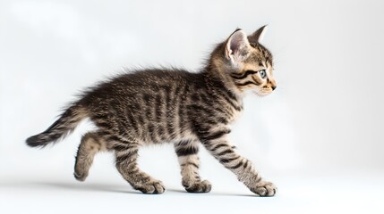 Obraz premium Cute tabby kitten walking on a white background. Perfect for pet, animal, and lifestyle themes. The image is high resolution. AI