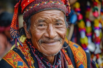 Fototapeta premium Elderly Asian man in traditional clothes and headdress sitting and smiling looking at camera