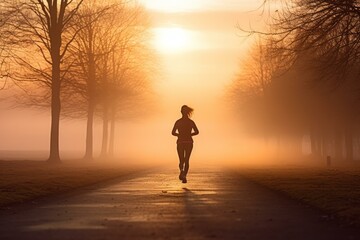 Lone runner enjoys a tranquil jog down a misty park pathway at sunrise