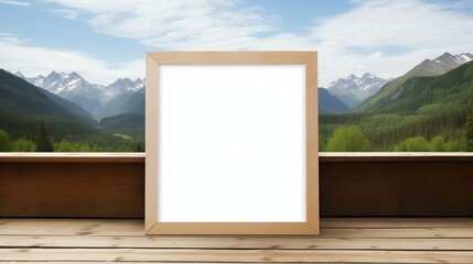 A white empty blank frame mockup placed on a rustic wooden table outdoors, with a view of a mountain range in the background.