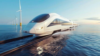 Futuristic high-speed train traveling over water showcases modern transport. Sleek and innovative, it represents the future of travel. Scenic water view with wind turbines. AI