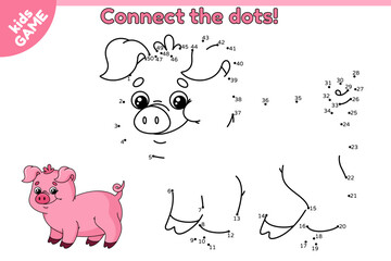 Dot to dot game for children. Connect the dots by numbers, draw a cartoon pink big pig and color it. Educational puzzle for school kids. Page with cute swine. Vector baby illustration of farm animal.