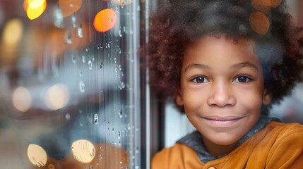 Naklejka premium A little girl happily stands by a window, smiling