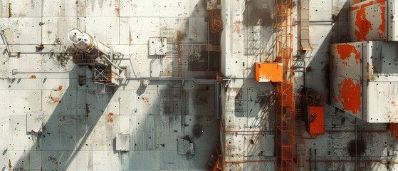 Top view of concrete pouring with digital overlays, modern building techniques, 3D render, Analogous colors, High detail