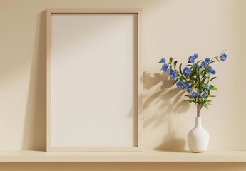 wooden frame mockup with beige background, white shelf and vase of blue flower for decoration home interior design. Abstract wall art print template in modern style