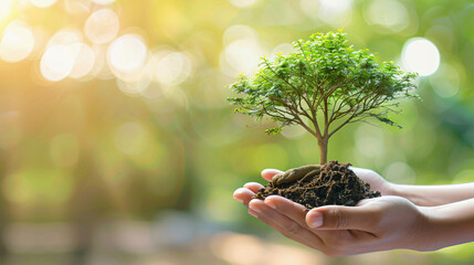 Renewable green energy, two hands holding a small tree protect forests help save the world...