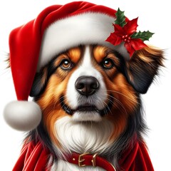 A festive dog wearing a Santa hat and a red scarf on white background