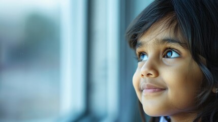 A young Indian girl happily looks out a window