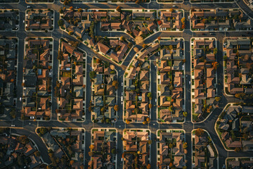 Aerial view of a suburban neighborhood with a minimalist layout, highlighting the repetitive patterns of houses and streets. Use a muted color palette to enhance the simplicity