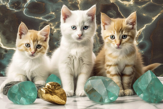 Gatos irm&atilde;os filhotes pedras verdes esmeraldas granito fotos dom&eacute;sticos estima&ccedil;&atilde;o IA Generativa