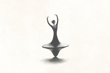 illustration of a spinning top woman dancing in circles, surreal beauty concept