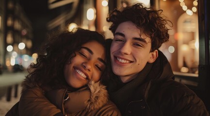 A young mixed race couple hugging in love outside of an urban cafe on a street