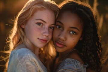 Fototapeta premium Portrait of European and African American girls girlfriends standing next to each other in the sunset rays