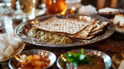 Pesach celebration with white wine in a glass, matzo on the wooden background. for Jewish Passover holiday, poster